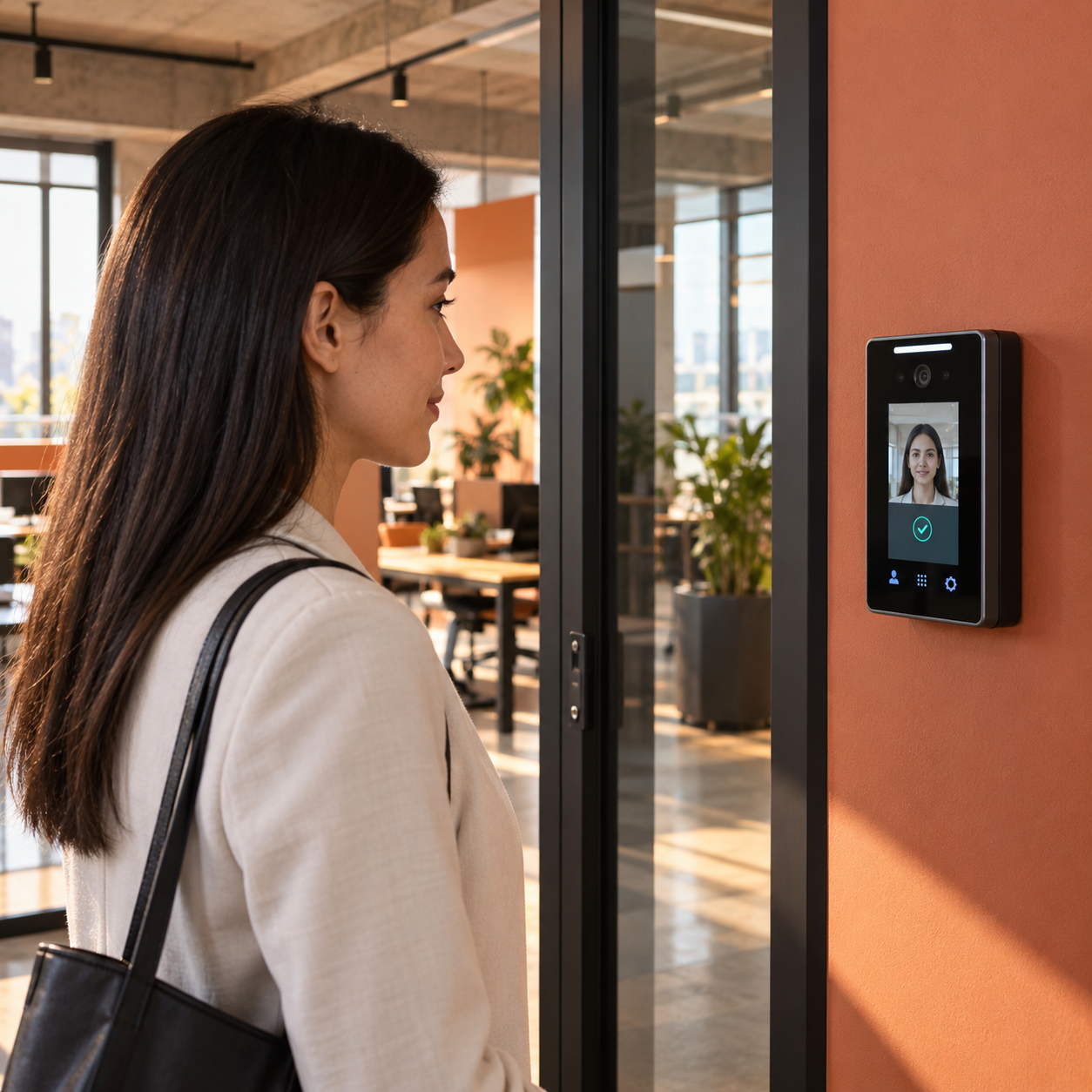 Employee checks in at an unbranded face recognition time clock