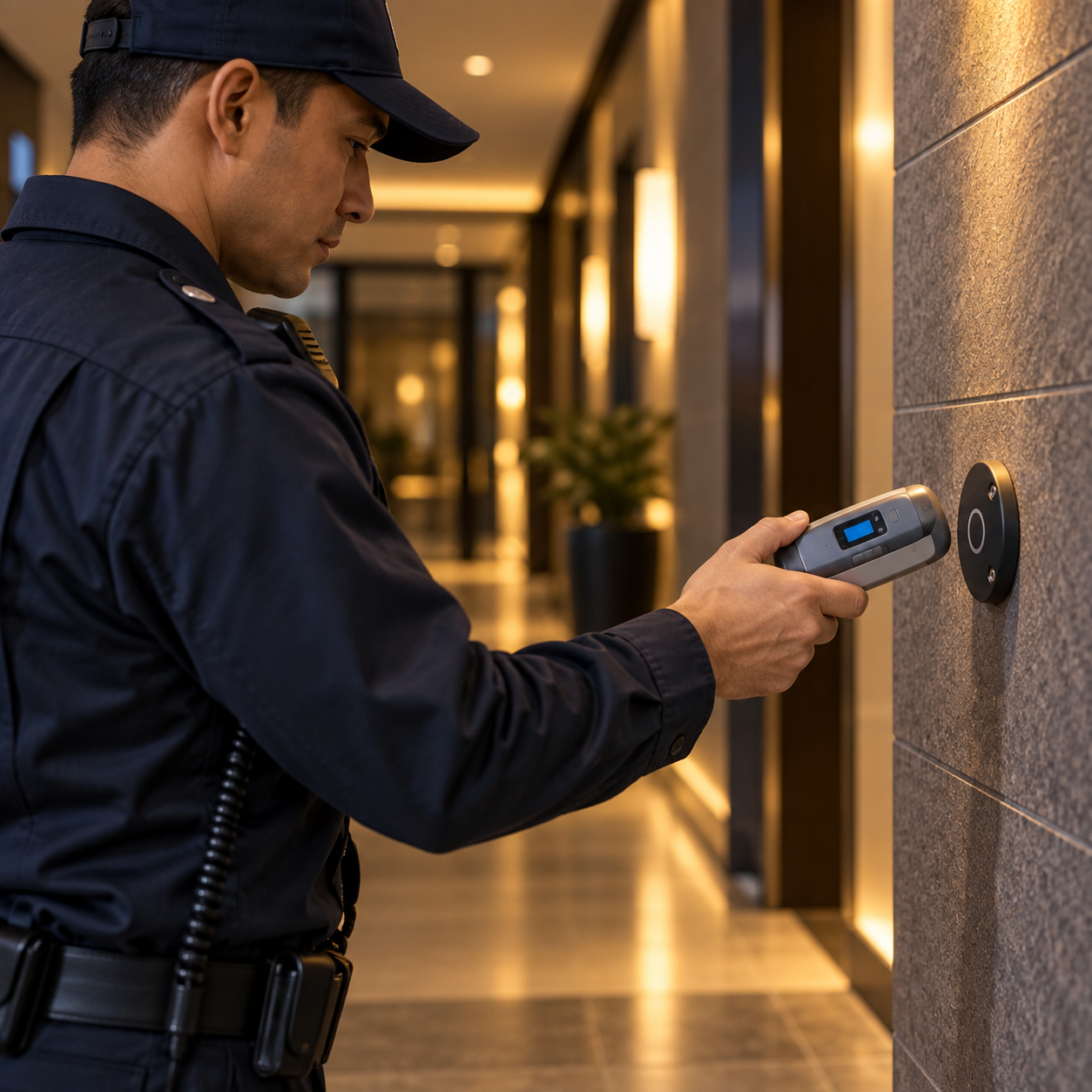 Security officer scans a checkpoint with an unbranded guard-tour recorder