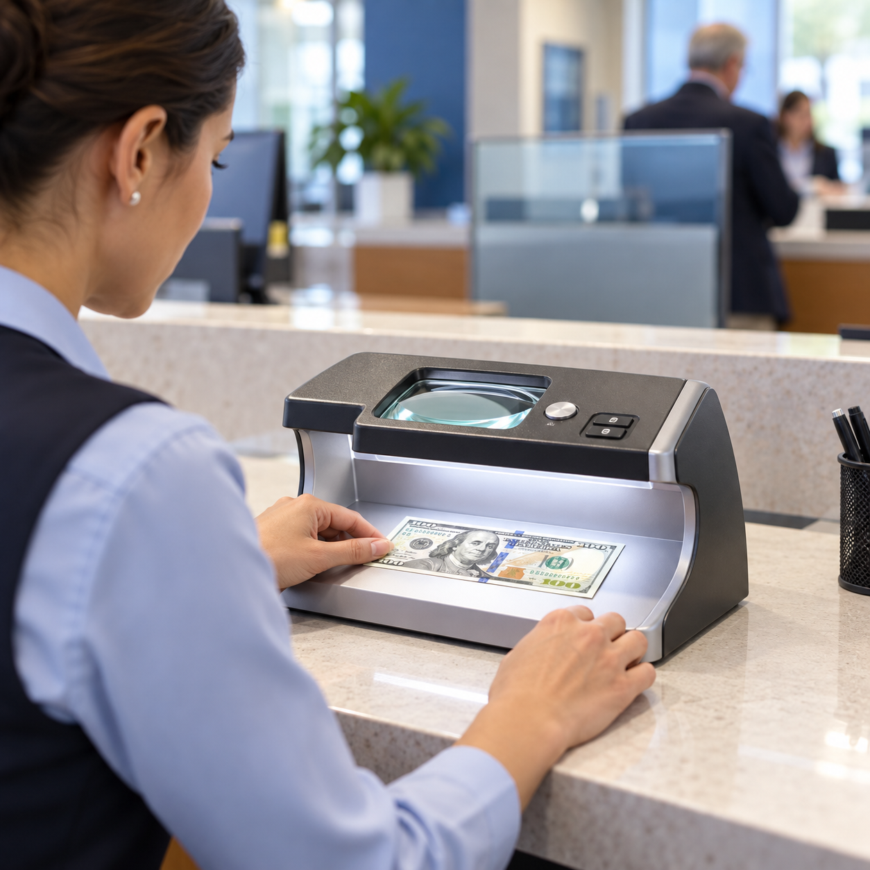 A bank employee examining a note with a manual detector