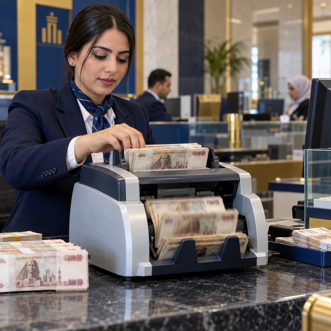 Bank teller uses a banknote counting machine at a cash counter