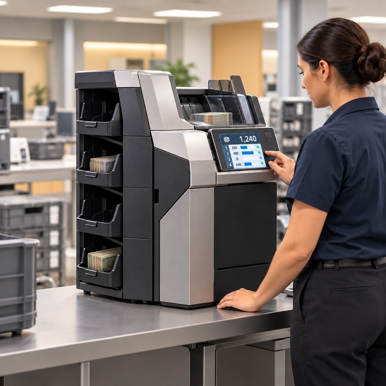 A cash room operator using a multi-pocket banknote sorter