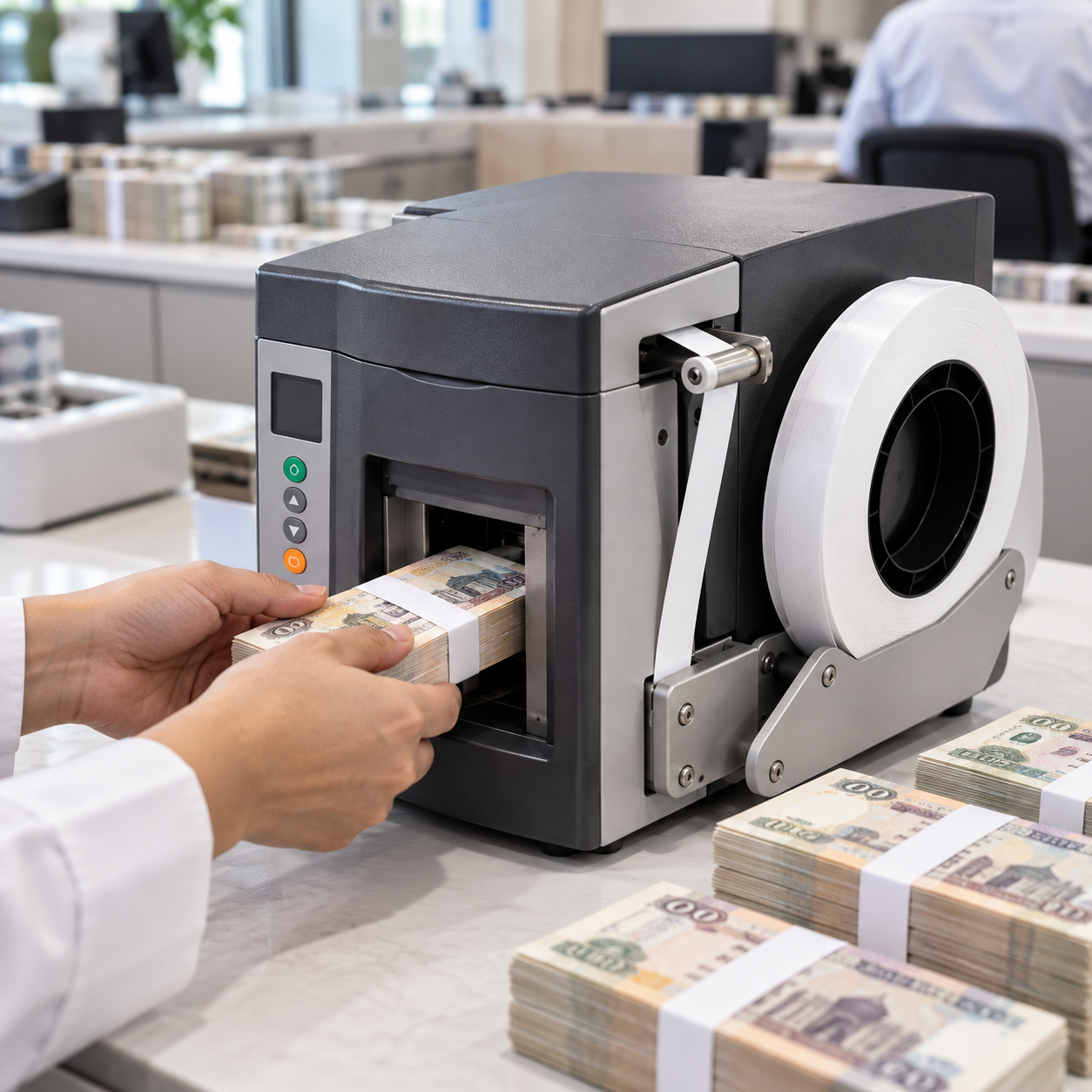 A banknote strapper banding a stack across its short width
