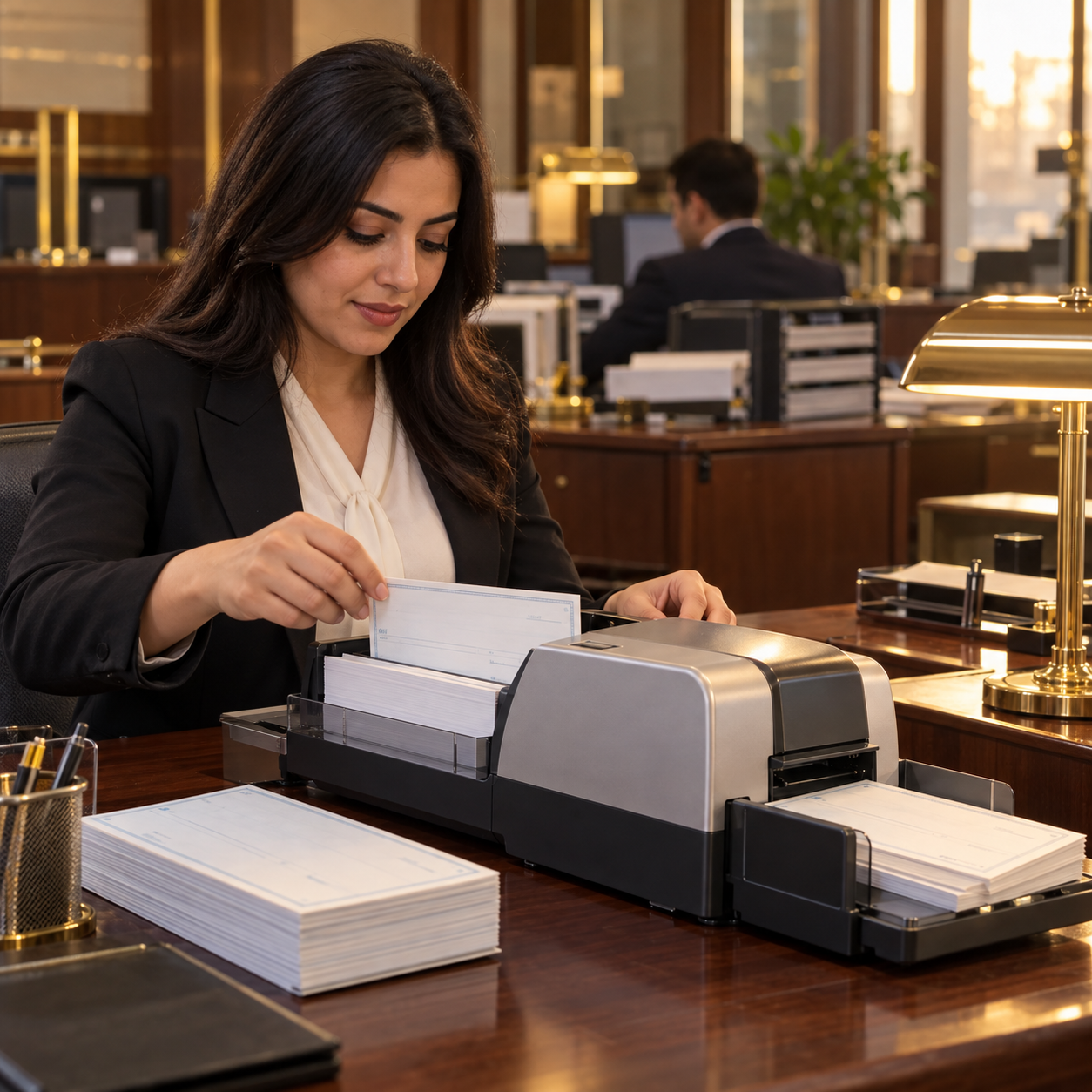 Bank employee processes cheques with a professional cheque machine