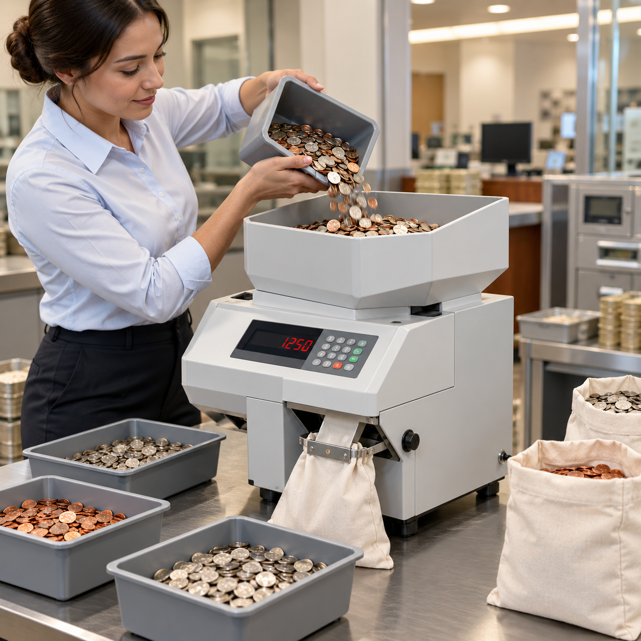 Operator pouring coins into an unbranded coin counter with a front collection bag