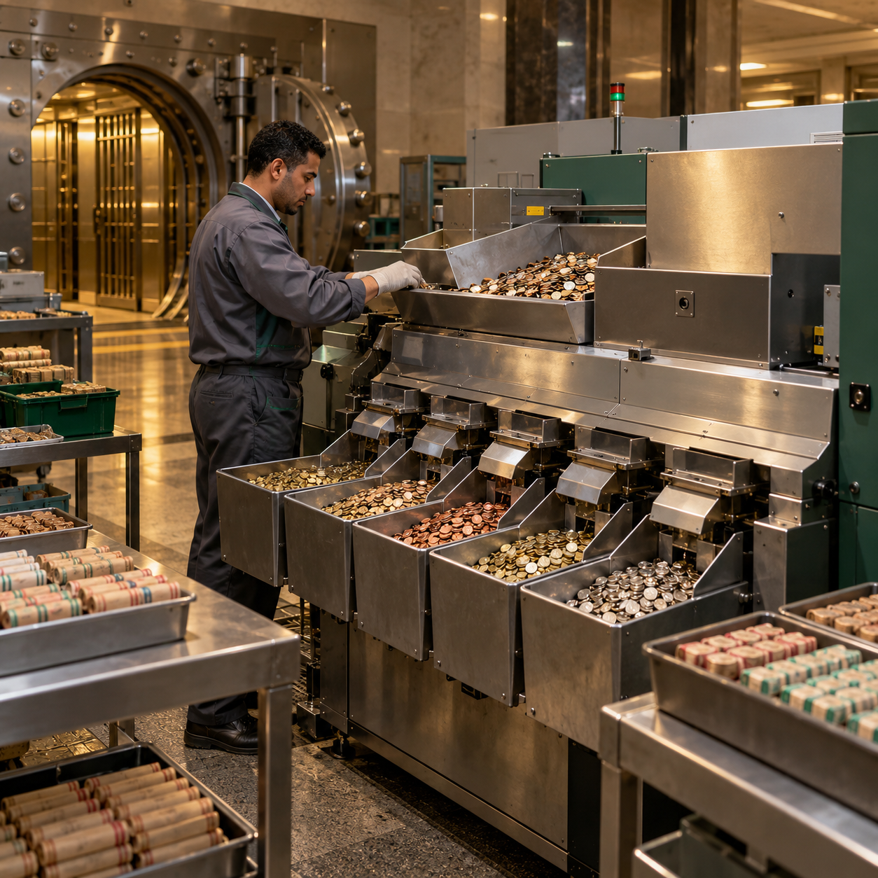 Operator sorts coins in a secure bank processing room