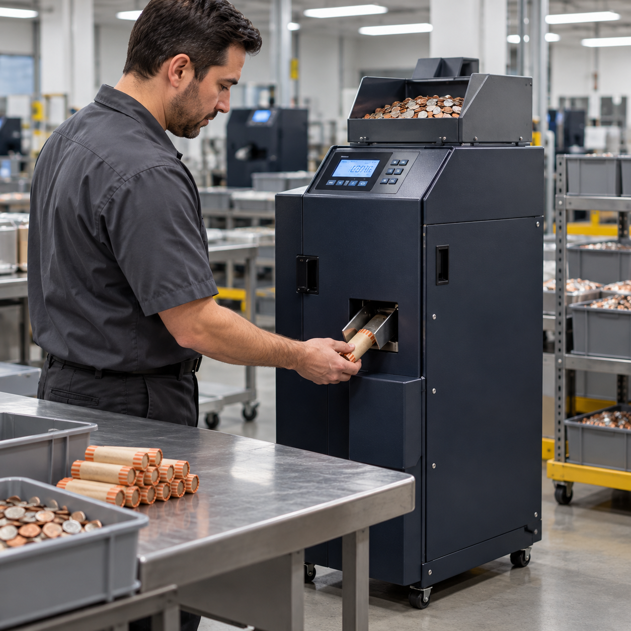 Operator collecting wrapped coin rolls from an unbranded automatic wrapping machine