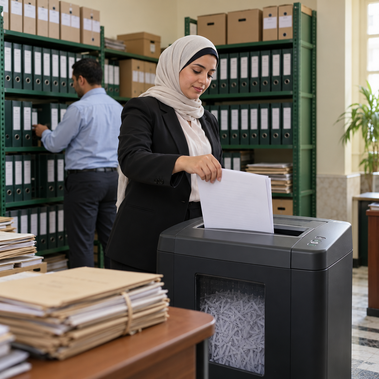 Employee shreds confidential documents in a records room