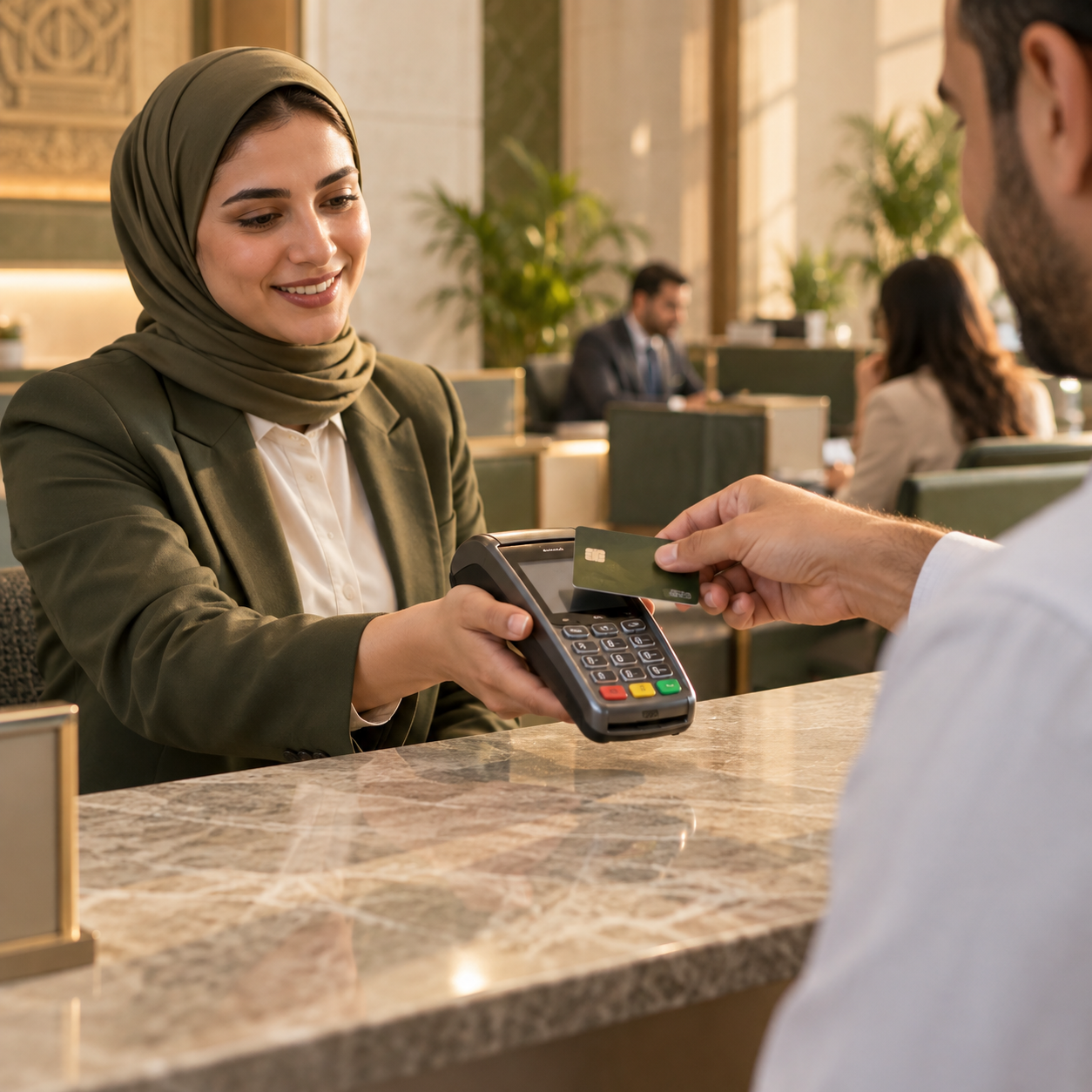 Staff member presents an electronic payment terminal to a customer