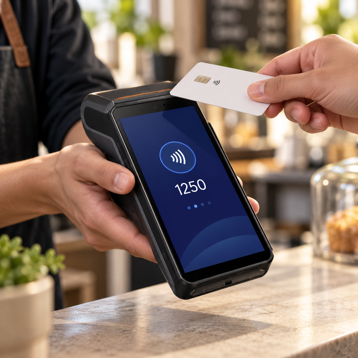 Unbranded handheld payment terminal clearly visible as a customer taps a card