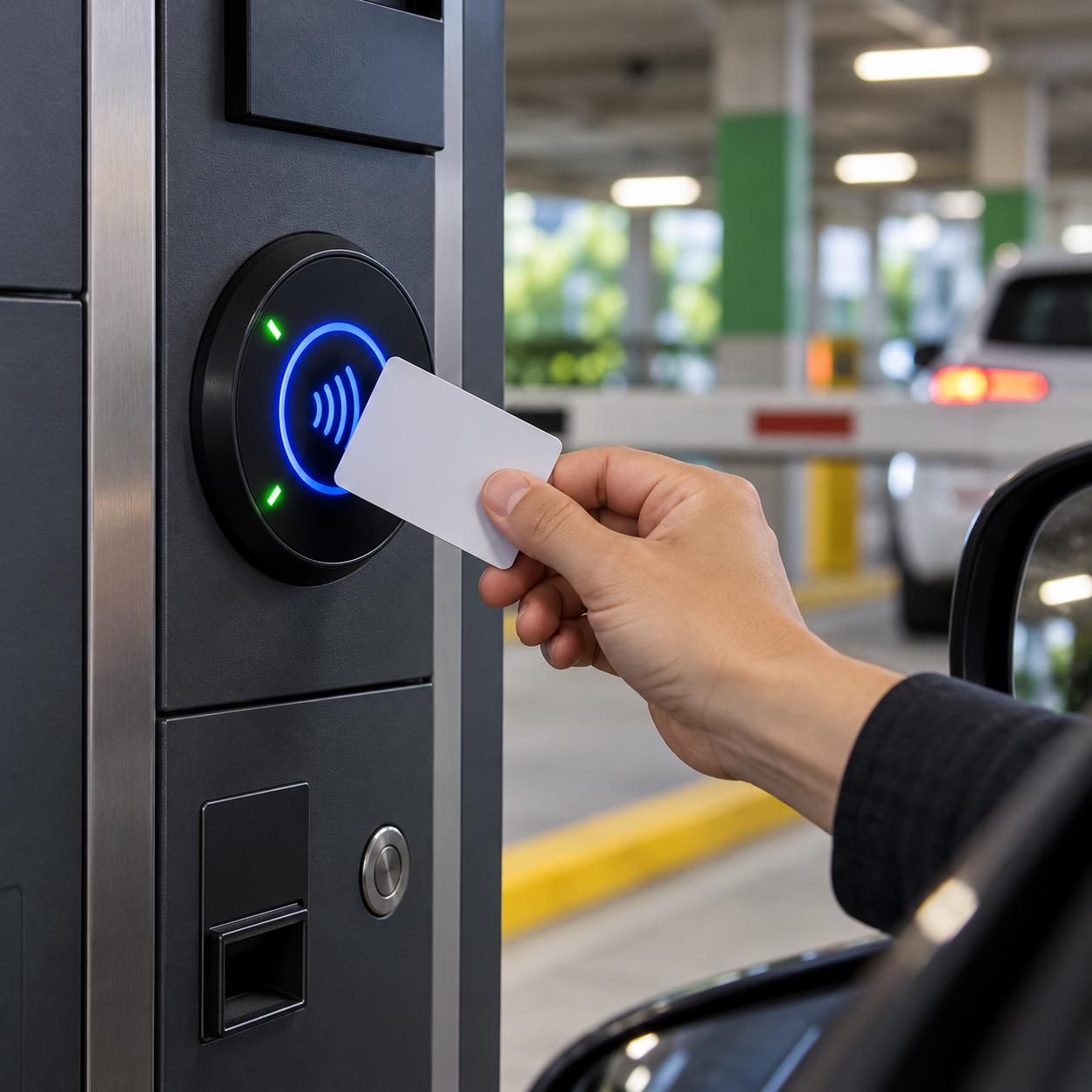 Customer taps a card on an unbranded circular contactless reader at a parking facility