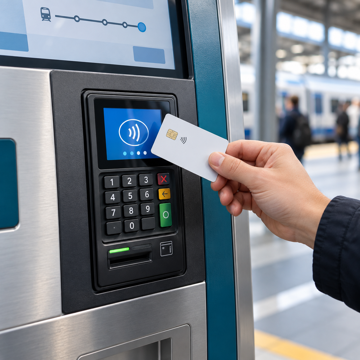 Customer taps a card on an unbranded embedded payment module at a ticket kiosk