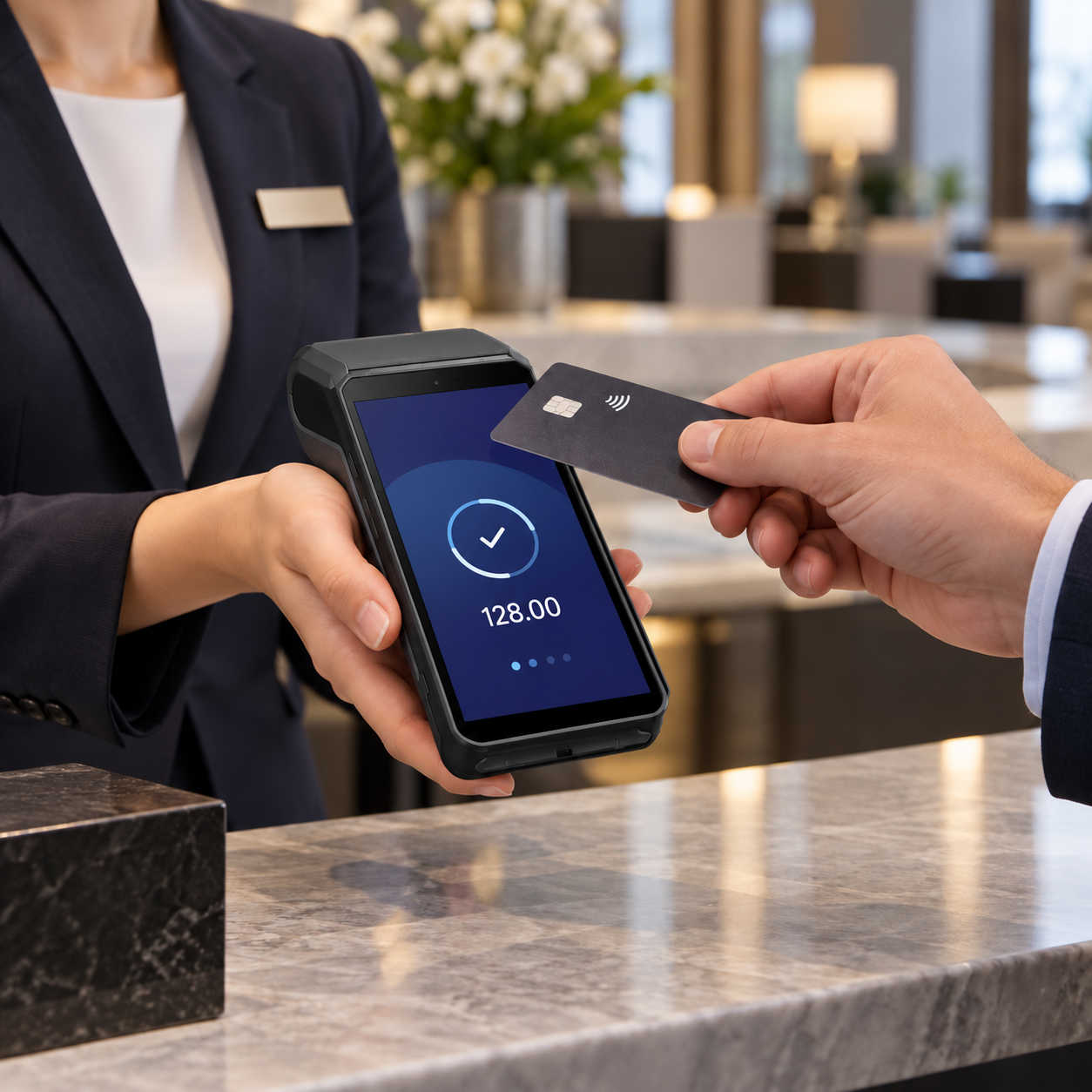 A card is presented to an unbranded handheld Android payment terminal at a hotel desk