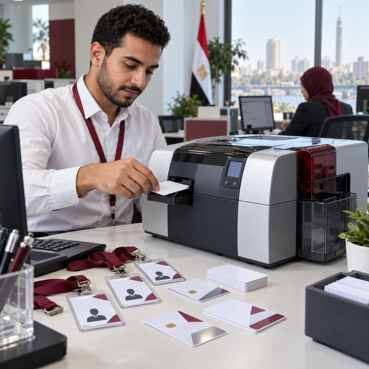 Technician uses a professional printer to issue identity and access cards