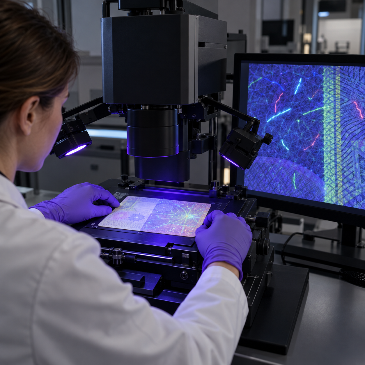 Examiner inspects a security document using forensic imaging equipment