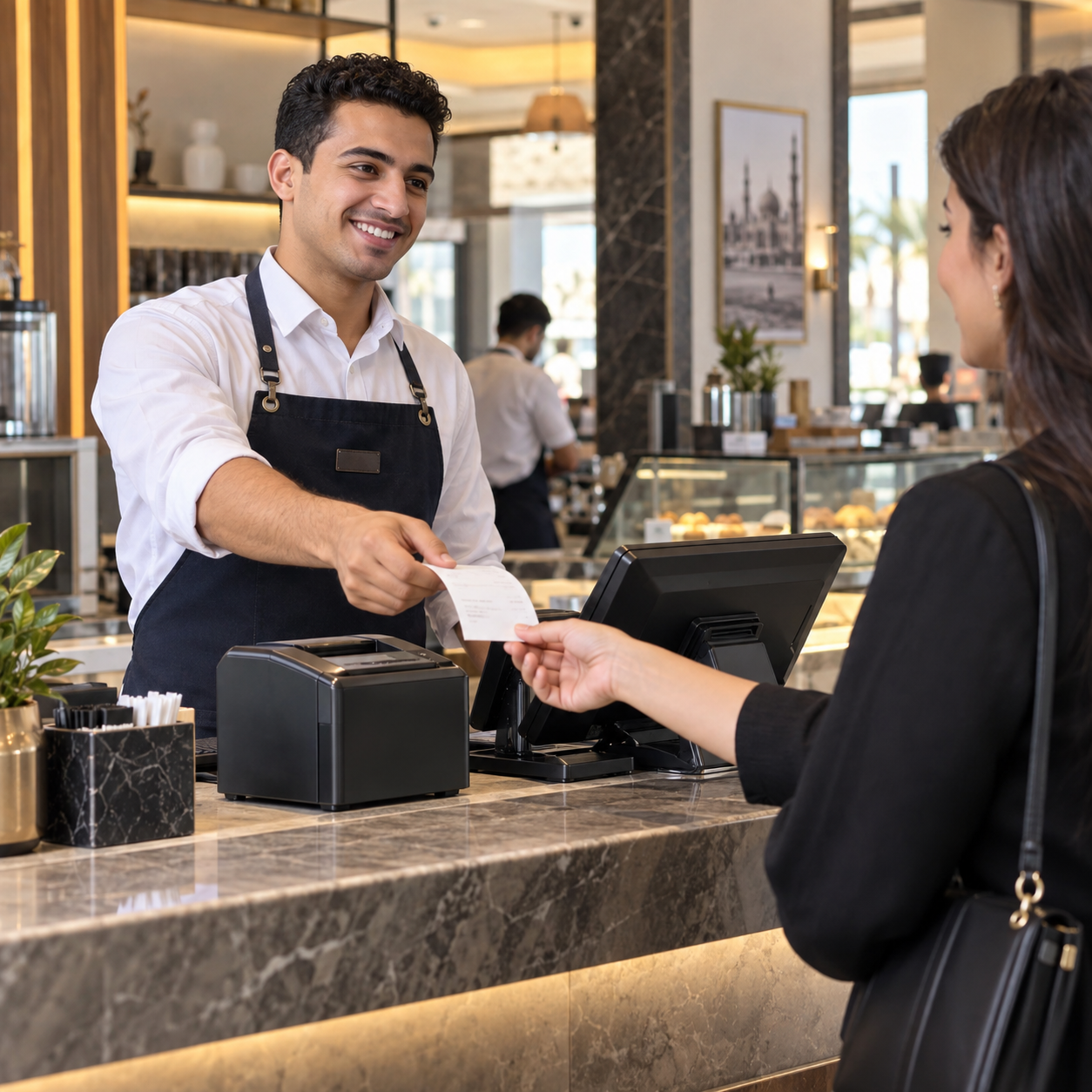 Staff member prints and hands a receipt to a customer at a modern checkout counter