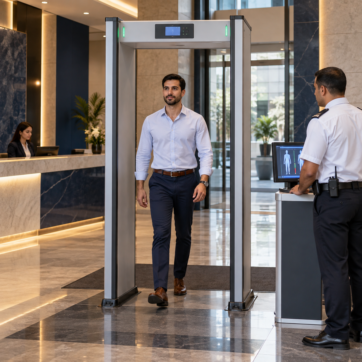 Visitor walking through an unbranded metal detection gate at a building entrance