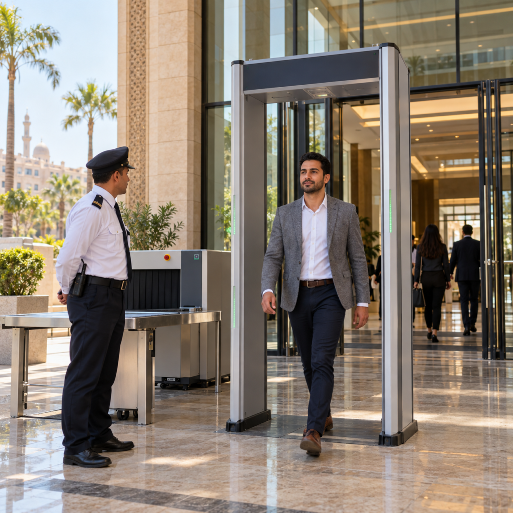 Employee passing through a walk-through metal detector at a building entrance