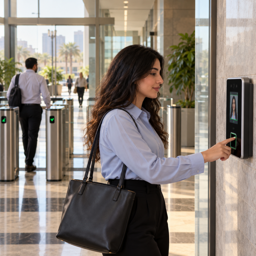 Employee clocks in at a biometric attendance terminal inside the lobby