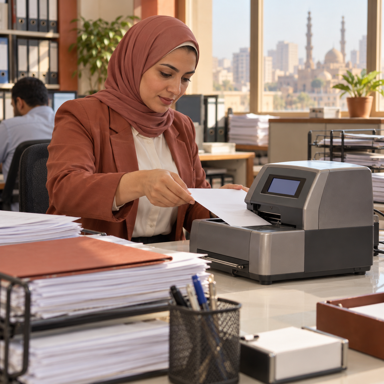 Administrator feeds a document into an electronic time-stamp machine