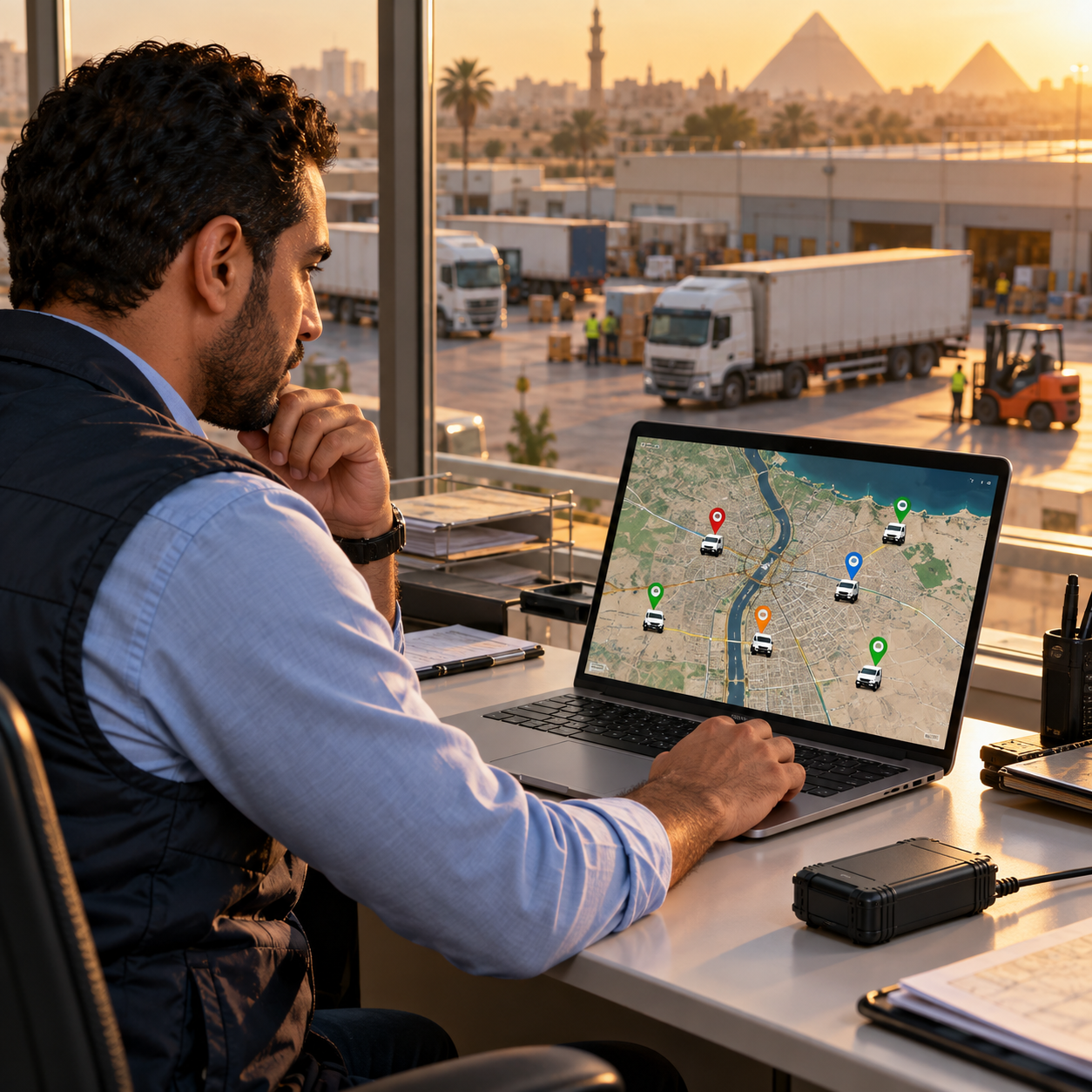 Fleet manager monitors vehicles on a map with a tracking device nearby