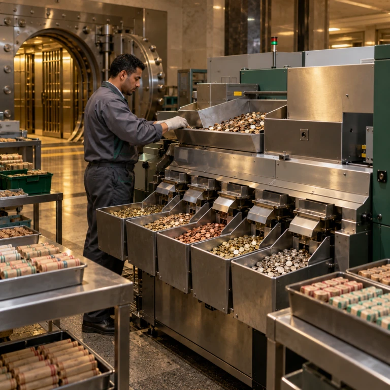 Operator sorts coins in a secure bank processing room