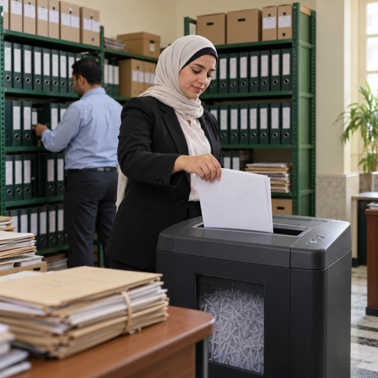 Employee shreds confidential documents in a records room