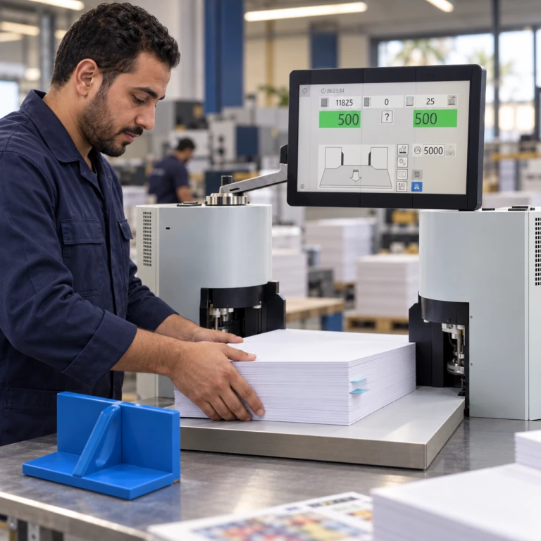 Print-production operator loading paper into a sheet-counting and batch-tabbing machine