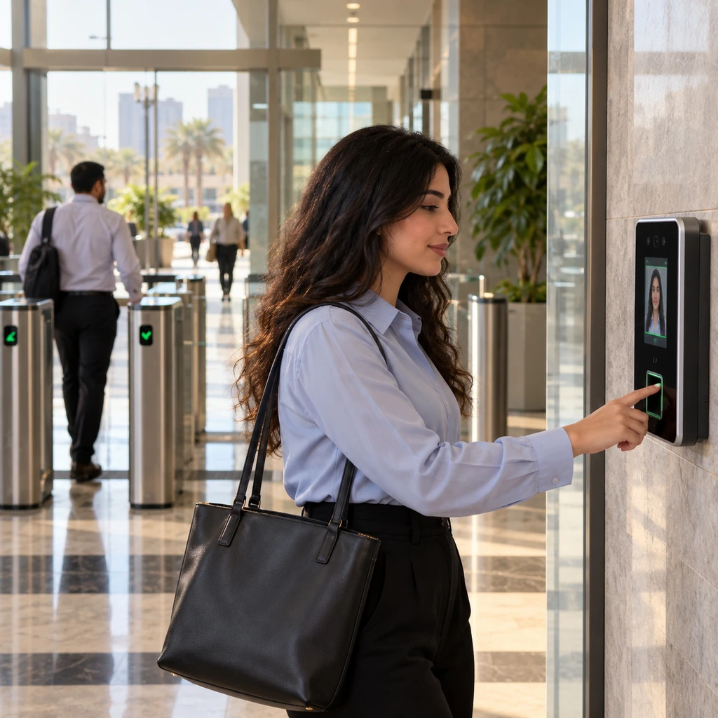 Employee clocks in at a biometric attendance terminal inside the lobby